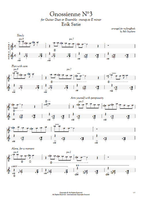 Gnossienne N°3 Erik Satie guitar pro tab Full Score Guitar Duet mysongbook
